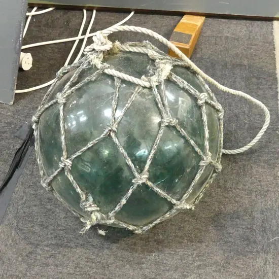 OLD GLASS FISHING FLOAT w. NETTING APPROX DIA.340mm hand blown