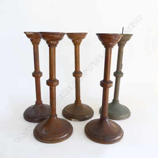 5 WOODEN ECCLESIASTICAL CHURCH CANDLES (4+1) H.460mm 3 w. chips to top rim