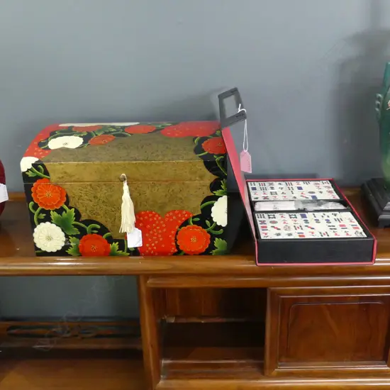 MAH JONG SET, CASED + HAND PAINTED BOX W.330mm