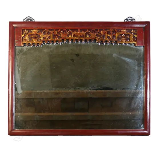 A Chinese red lacquer and gilt carved framed large mirror,
