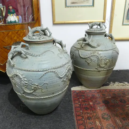 PR LG ORIENTAL CELADON GLAZED LIDDED JARS w. DRAGON DECORATION (REPAIRS)