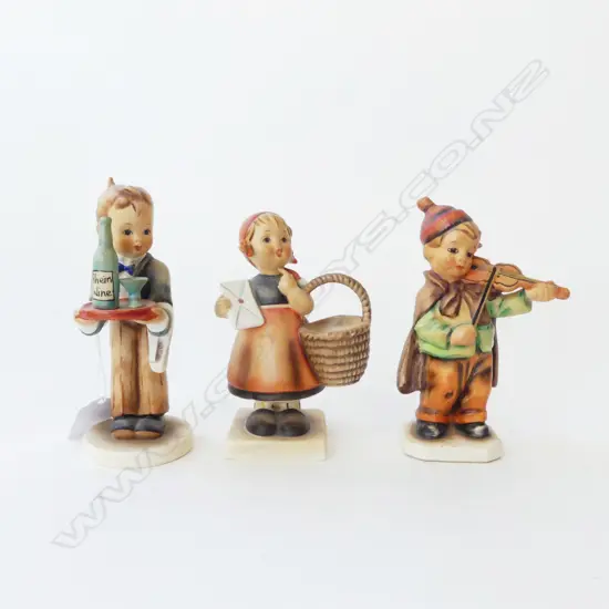2 HUMMEL FIGURINES; WAITER, GIRL w. BASKET + FRIEDEL VIOLINIST H.150mm 