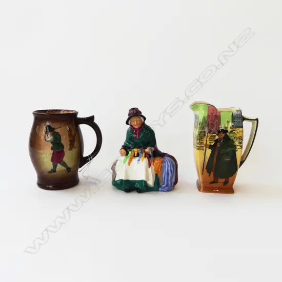 3 PCES ROYAL DOULTON; TONY WELLER JUG, GOLFERS MUG, SILKS & RIBBONS H.170mm