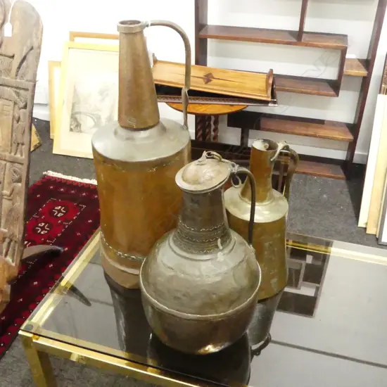 3 LG ETHNIC BRASS VESSELS H.610mm; AFGHAN WATER CARRIER, MOROCCAN SMELTER POT, OTHER