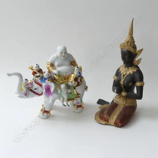 PAINTED METAL THAI FIGURE H.330mm, CERAMIC BUDAI & CHILDREN ON ELEPHANT