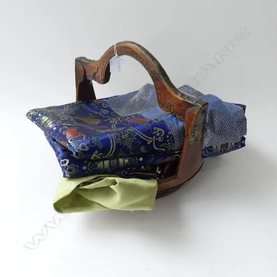 2 CHINESE SILK THROWS + ORIENTAL WOODEN BASKET