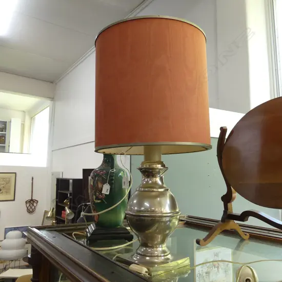 TABLE LAMP w. SILVER METAL BASE, PINK SILK SHADE H.615mm