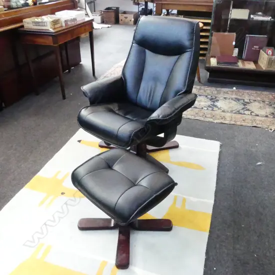 BLACK VINYL RECLINING CHAIR & FOOTSTOOL