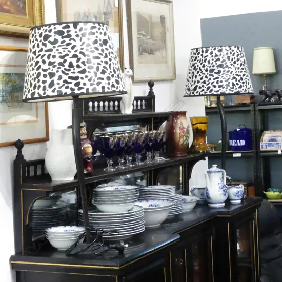 PR TABLE LAMPS, BRONZED METAL BASE w. BLACK & WHITE SPOTTED SHADES H.825mm