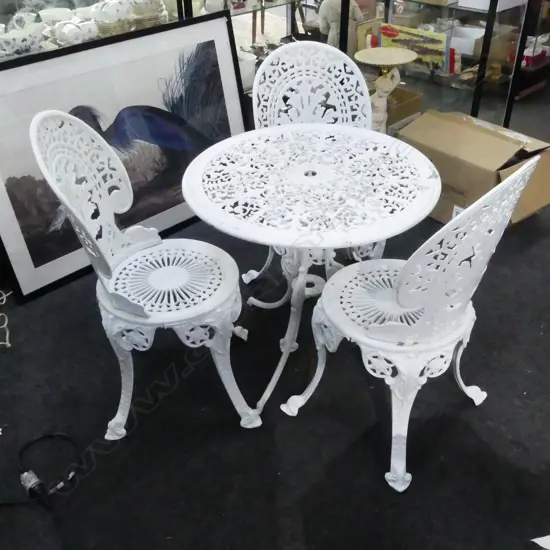 4 PCE ENDERSLEA WHITE METAL PATIO SET; TABLE & 3 CHAIRS