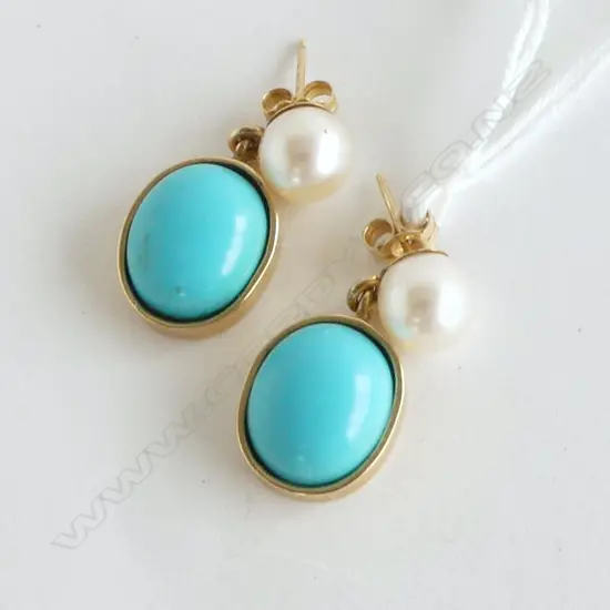PR 9ct YELLOW GOLD TURQUOISE & CULTURED PEARL DROP EARRINGS in box labelled Kitamuru 4.8gms