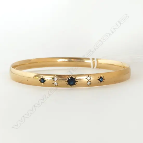 HEAVY 9ct YELLOW GOLD BANGLE SET W 3 SAPPHIRES & 4 DIAMONDS 30.6gms