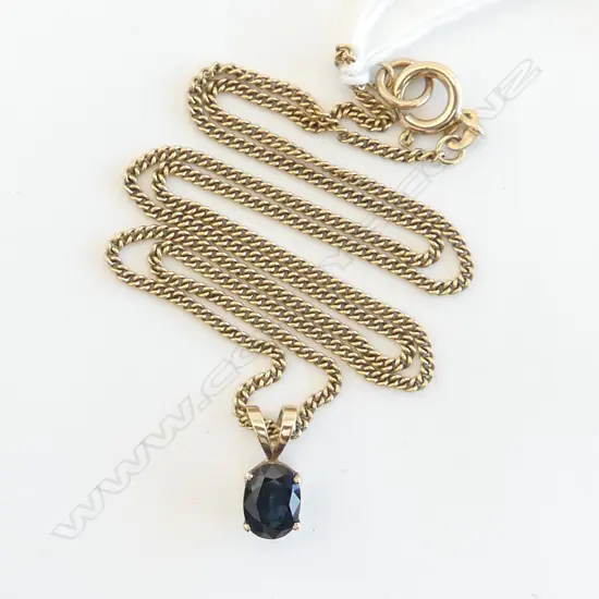 9ct YELLOW GOLD & SAPPHIRE PENDANT ON 9ct NECK CHAIN L.46CM  5gmd