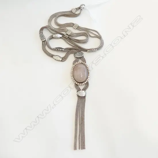 925 SILVER & NIELLO MULTI-STRAND NECKLACE w LG ROSE QUARZ PENDANT, L.550mm, 50gms