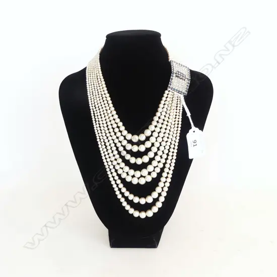 COSTUME 7 STRAND PEARL NECKLACE w. DIAMANTE CLASP longest 250mm