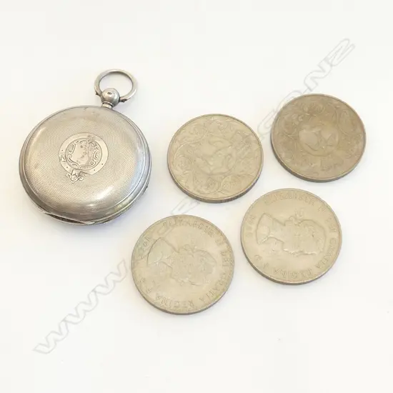 GENT'S SILVER ROTHERHAM'S POCKET WATCH w faults + 4 UK coins: 2 Churchill crowns + 2 x 1977