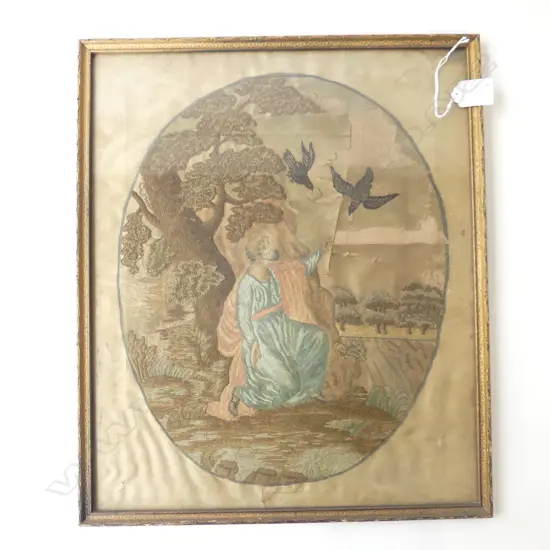 18thC EMBROIDERED SILK PANEL RELIGIOUS FIGURE in landscape w 2 birds 375 x 300mm
