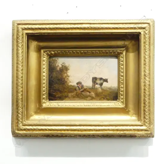 ANTIQUE STYLE ARTWORK, FIGURE w. COW, OIL ON BOARD 100x160mm, GILT FRAME