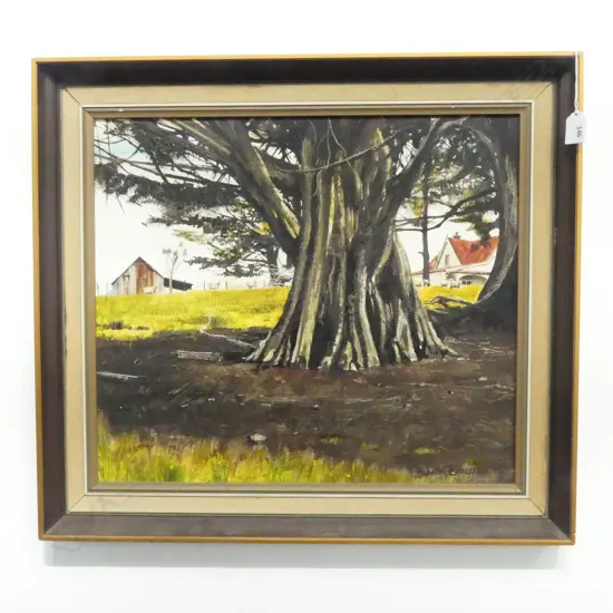 GRAHAM BRADDOCK 'CLAYTON HOMESTEAD & SHED, MILLS FARM, KAIWEKA' ACRYLIC ON BOARD, SIGNED & DATED '75 435x500mm