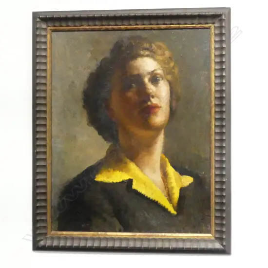 FEMALE PORTRAIT (yellow collar), ARTIST UNKNOWN, OIL ON BOARD, 470 x 370mm
