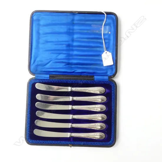 SET OF 6 STG SILVER HANDLED PATE KNIVES SHEFFIELD 1911 IN CASE, L.170MM