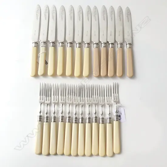12 SETTING SILVER COLLARED CASEINE HANDLED DESSERT FORKS & KNIVES
