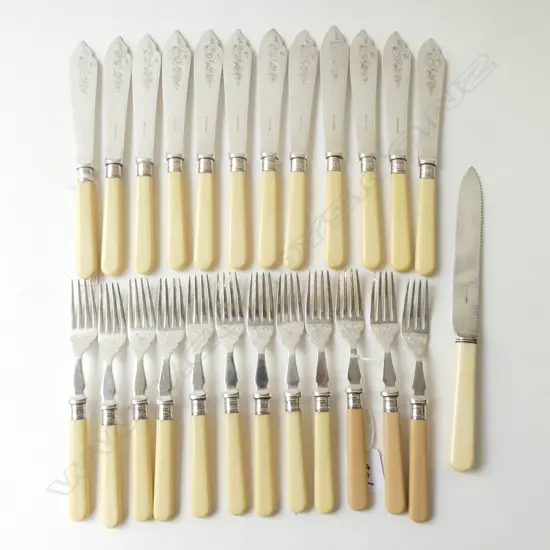 12 SETTING SILVER COLLARED CASEINE HANDLED FISH SET; KNIVES, FORKS & A SERVER