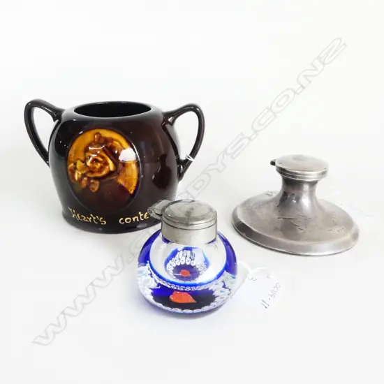 3 PCS; SILVER INKWELL, BIRM.1920 (dents) 180gm (weighted base?), VINTAGE CAITHNESS SCOT. INKWELL, RD 'HEARTS CONTENT' SB