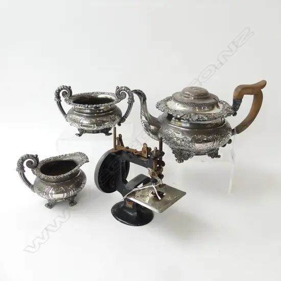 LATE VICTORIAN PLATED TEA SERVICE ,LID NEEDS REPAIR, & OLD CHILDS SEWING MACHINE AUSTRALIAN MADE