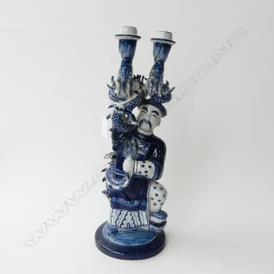 CHINESE B/W DOUBLE CANDEHOLDER; FIGURE w. DRAGON