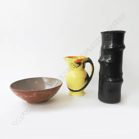 2 PCES STUDIO POTTERY; VASE H.315mm, BOWL 240mm dia + YELLOW BURLEIGHWARE JUG w. DRAGON HANDLE