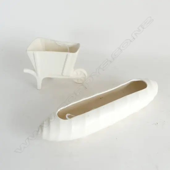 TWO CROWN LYNN MOULDED ITEMS, SMALL BARROW L.120mm &  CIGAR SHAPED TROUGH L. 230mm 