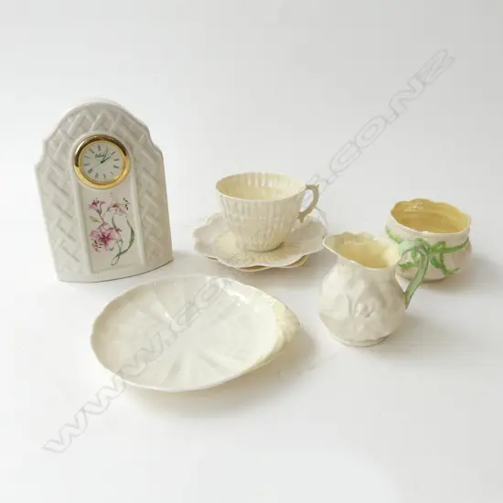 6 PCES BELLEEK BLACK LABEL + CLOCK H.155mm