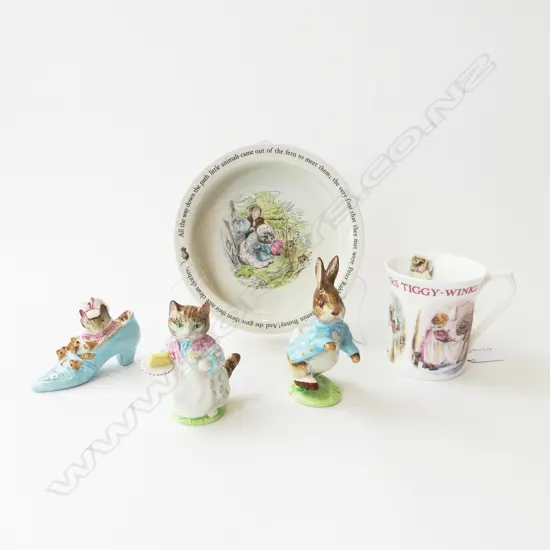 5 PCES BEATRIX POTTER; BOWL 170mm dia, MUG, 3 BESWICK FIGURINES