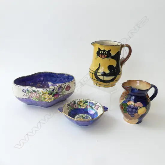 TORQUAY BLACK CAT JUG H.160mm CHIPS + 2 MALING BOWLS, H&K TUNSTALL JUG