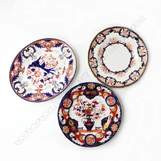 3 19thC IMARI PLATES; 2 ROYAL CROWN DERBY, 1 MASONS 265mm dia