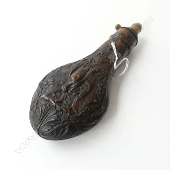 ANTIQUE POWDER FLASK; BIRD & OAK LEAF DESIGN L.200mm