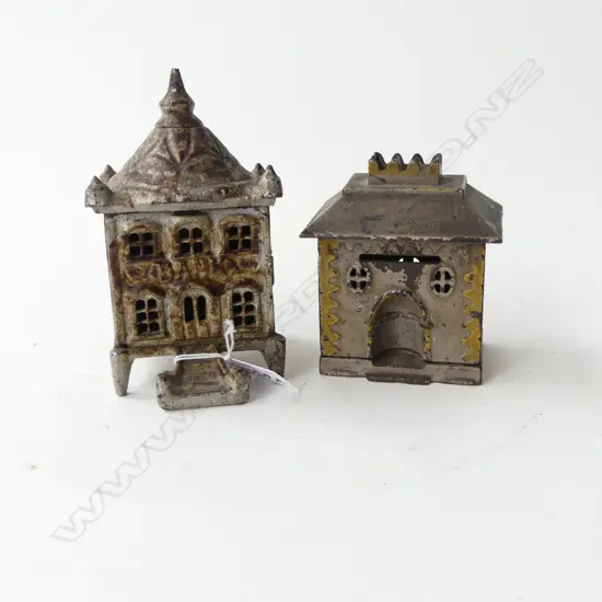 2 ANTIQUE CAST IRON MONEY BANKS H.130mm