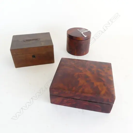 THREE NICE WOODEN BOXES, 2 BURR TOTARA (120X110mm. Dia 70mm)& JAPANESE INLAID MONEYBOX, MOUNT FUJI (110 x 80mm)