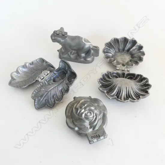 4 VINTAGE PEWTER ICE CREAM MOULDS; TIGER, SHELL, OAK LEAF & ROSE