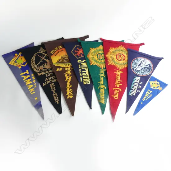 8 VINTAGE NZ MILITARY PENNANTS (SMALL FLAGS) INCLDS; HMS WAKEFUL, SWIFTFIRE, ACHILLIES & TAMAKI