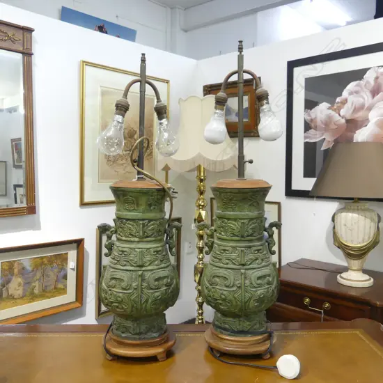PR LARGE CHINESE ARCHAIC STYLE BRONZE HEAVY LAMP BASES with brass adjustable fittings. No shades. H.420mm to top of vase