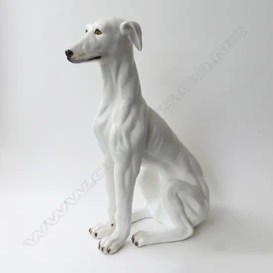 LGE ITALIAN CERAMIC WHITE SEATED DOG H.730mm restored rear legs