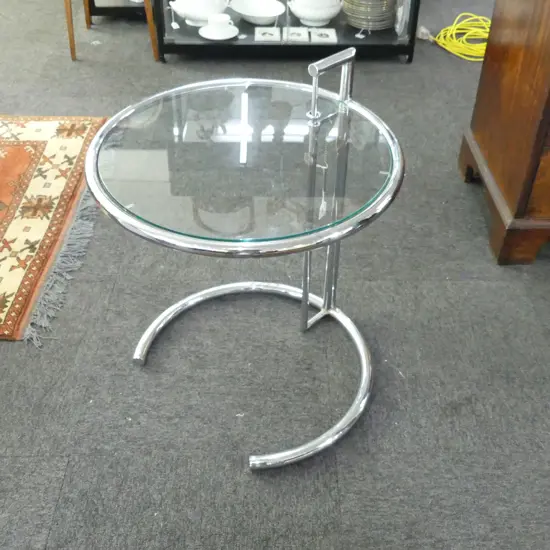 EILEEN GRAY E 1027 STYLE CHROME & GLASS SIDE TABLE 510mm dia