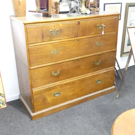 ANTIQUE OAK CAMPAIGN STYLE CHEST OF DRAWERS 1255x525x1100mm