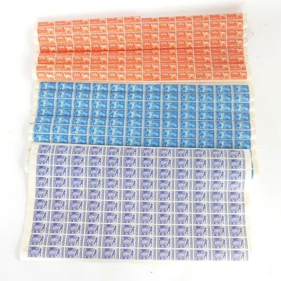 3 SHEETS OF NZ MINT STAMPS; 1957 4d BLUE & 8d RED 75th ANNIV. FROZEN MEAT + 6d 1958 TASMAN SEA CROSSING ANNIV.