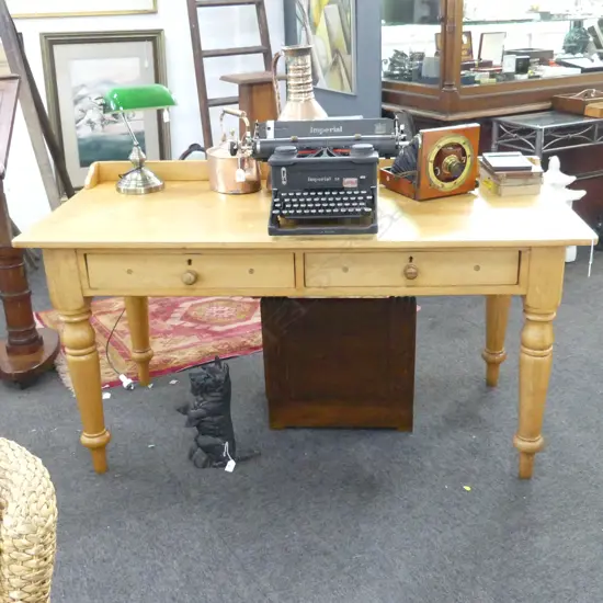 LG VICTORIAN PINE 2 DRAWER DESK 1525x730x825mm short upstand back. Turned legs