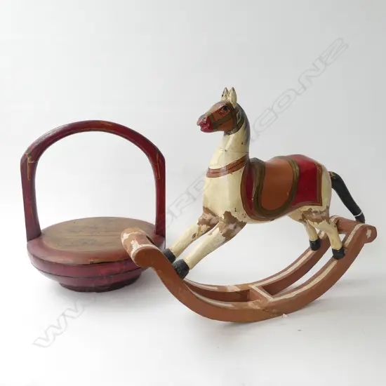 WOODEN ROCKING HORSE H.420mm & LIDDED CHINESE BASKET