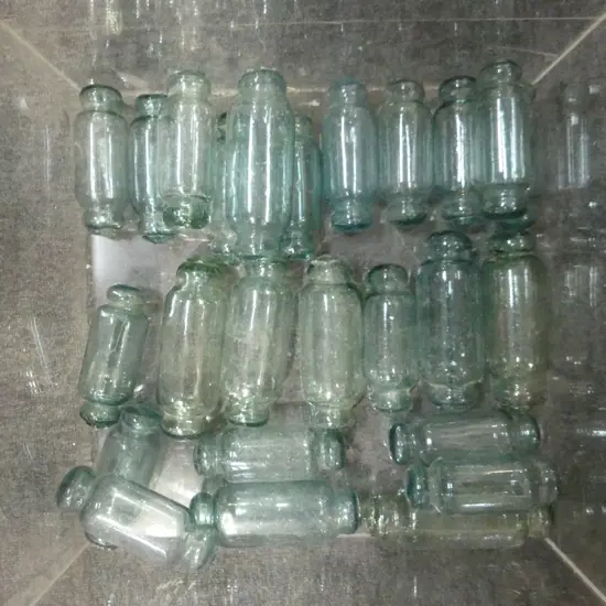 25 OLD GLASS BOTTLE FISHING FLOATS, VARIOUS SIZES L.125-150 mm (NOT CONTAINER)