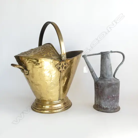 OLD BRASS HELMET SCUTTLE, REPOUSSE DETAIL  plus OLD MIDDLE EATERN JUG